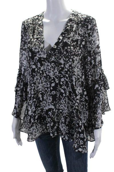 Shoshanna Womens Floral V-Neck Ruffled Flare Long Sleeve Blouse Black Size L