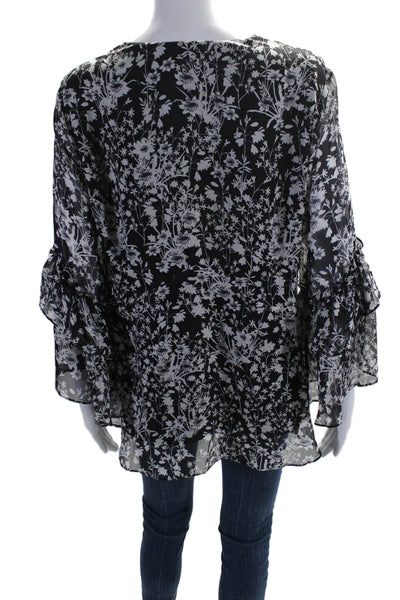 Shoshanna Womens Floral V-Neck Ruffled Flare Long Sleeve Blouse Black Size L