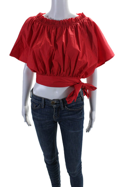 Saloni Womens Cotton Sleeveless Ruffle Trim Tie Waist Blouse Red Size 4