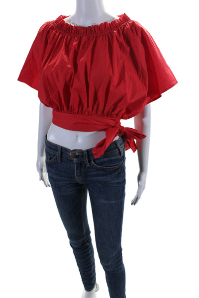 Saloni Womens Cotton Sleeveless Ruffle Trim Tie Waist Blouse Red Size 4