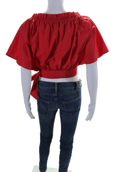 Saloni Womens Cotton Sleeveless Ruffle Trim Tie Waist Blouse Red Size 4