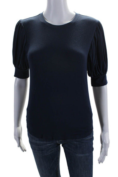 Frame Womens Solid Short Puff Sleeve Crewneck Blouse Navy Blue Size XS