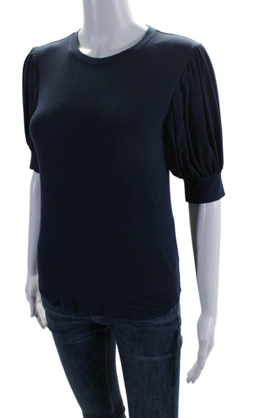 Frame Womens Solid Short Puff Sleeve Crewneck Blouse Navy Blue Size XS