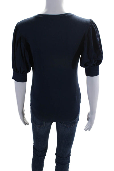 Frame Womens Solid Short Puff Sleeve Crewneck Blouse Navy Blue Size XS