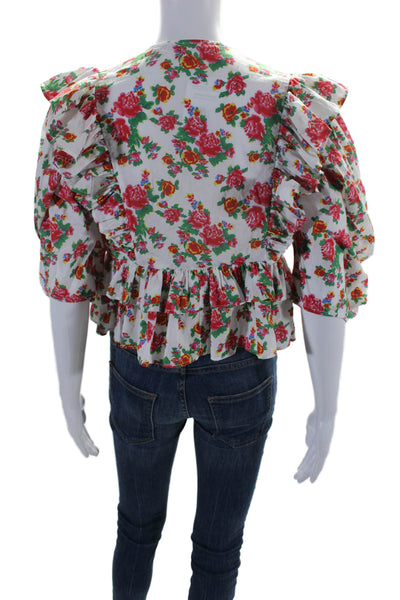 Rhode Womens Cotton Floral Print Short Sleeve Ruffle Wrap Blouse White Size XS