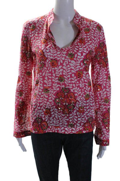 Tory Burch Womens Cotton Pink Sequins Floral V-Neck Long Sleeve Blouse Top Size4