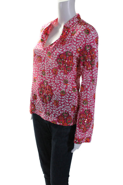 Tory Burch Womens Cotton Pink Sequins Floral V-Neck Long Sleeve Blouse Top Size4