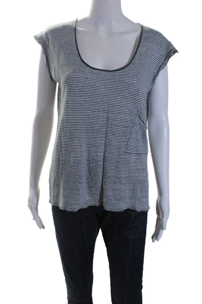 Nili Lotan Womens Striped Print Cap Sleeve Round Neck Top Gray White Size S