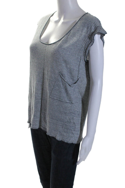 Nili Lotan Womens Striped Print Cap Sleeve Round Neck Top Gray White Size S