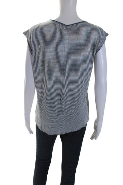 Nili Lotan Womens Striped Print Cap Sleeve Round Neck Top Gray White Size S