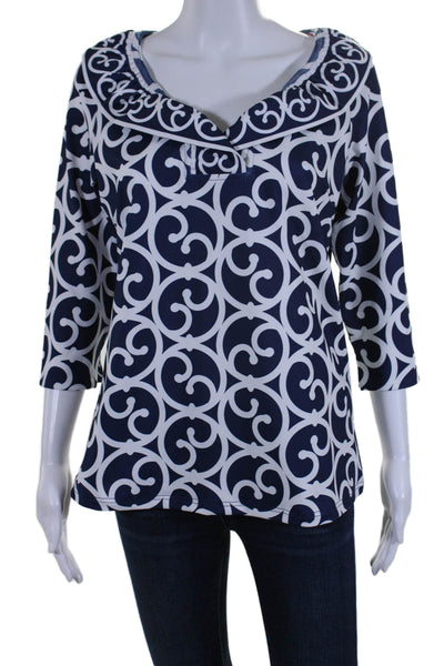 Gretchen Scott Women's V-Neck Ruffle Short Sleeves Abstract Blouse Blue Size S