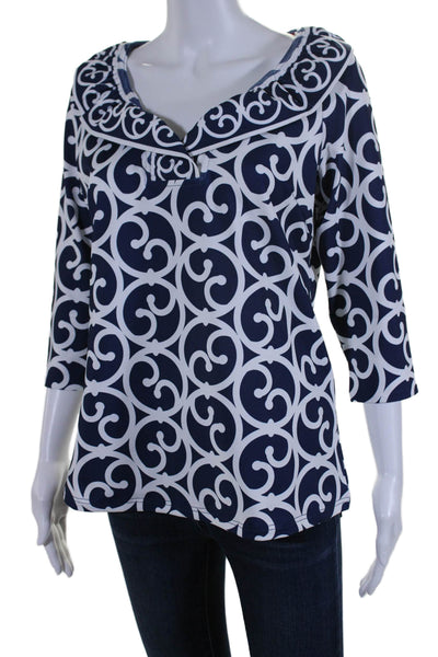 Gretchen Scott Women's V-Neck Ruffle Short Sleeves Abstract Blouse Blue Size S