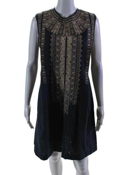 Gary Graham Womens Cotton Navy Beige Embroidered Crew Neck A-line Dress Size 2