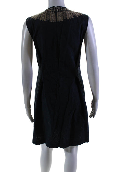 Gary Graham Womens Cotton Navy Beige Embroidered Crew Neck A-line Dress Size 2