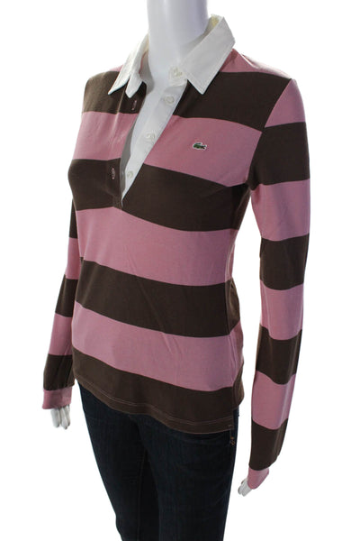 Lacoste Women's Collared Long Sleeves Quarter Button T-Shirt Striped Size 36