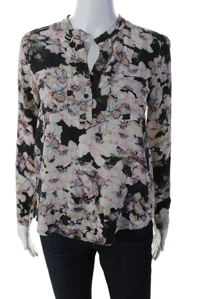 Rebecca Taylor Womens Silk Long Sleeve Floral Buttoned Blouse Black Pink Size 2