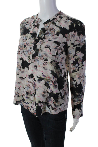 Rebecca Taylor Womens Silk Long Sleeve Floral Buttoned Blouse Black Pink Size 2