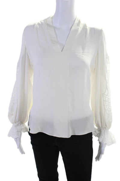 Ungaro Womens Silk Lace Flounce Long Sleeve V-Neck Blouse Top White Size XS