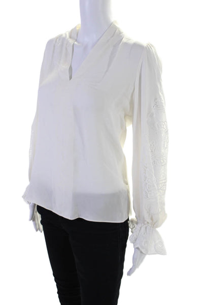 Ungaro Womens Silk Lace Flounce Long Sleeve V-Neck Blouse Top White Size XS