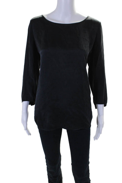 Vince Womens Silk Long Sleeves Pullover Blouse Midnight Blue Size Large