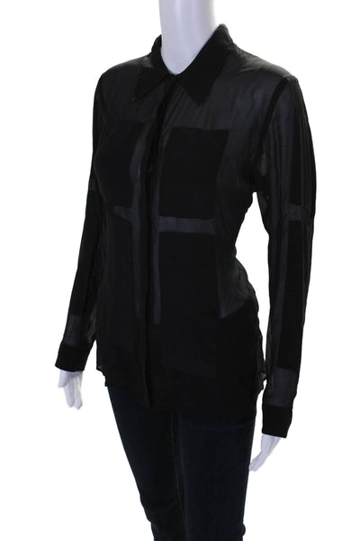 Gold Hawk Women's Collared Long Sleeves Button Down Sheer Blouse Black Size S