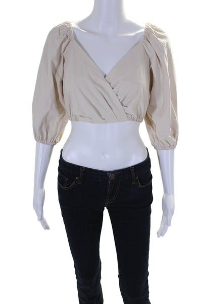 L'Academie Women's Boat Neck Puff Sleeves Cropped Blouse Beige Size S