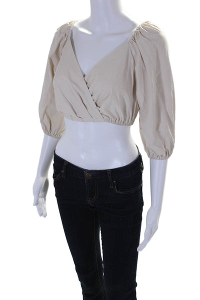 L'Academie Women's Boat Neck Puff Sleeves Cropped Blouse Beige Size S