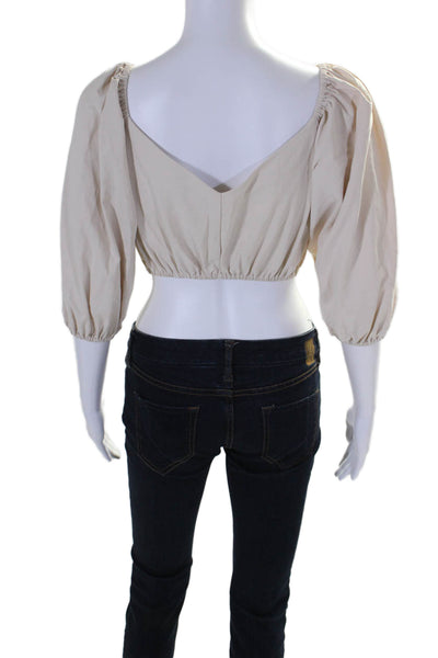 L'Academie Women's Boat Neck Puff Sleeves Cropped Blouse Beige Size S