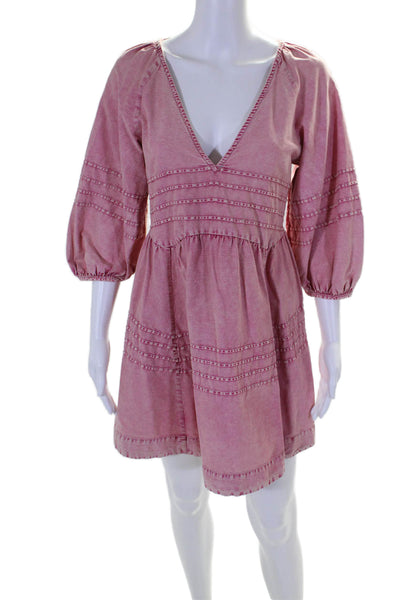 Free People Women's V-Neck Long Sleeves Cotton Mini Dress Pink Size XS