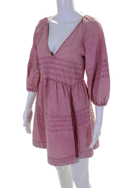 Free People Women's V-Neck Long Sleeves Cotton Mini Dress Pink Size XS