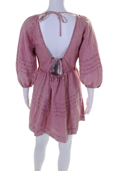 Free People Women's V-Neck Long Sleeves Cotton Mini Dress Pink Size XS