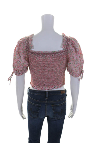 Love Shack Fancy Womens Cotton Floral Ruched Short Sleeve Blouse Top Pink Size P