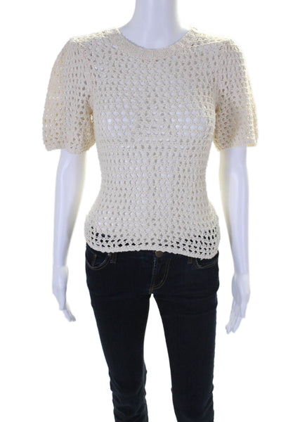 Joie Womens Short Sleeve Semi Transparent Knit Sweater Top Cream Sizwe XXS