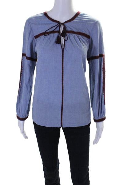 Joie Womens Cotton Stripe Trimmed V-Neck Tied Long Sleeve Blouse Top Blue Size M