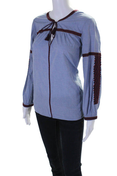 Joie Womens Cotton Stripe Trimmed V-Neck Tied Long Sleeve Blouse Top Blue Size M