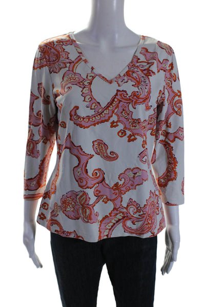 J. Mclaughlin Womens Floral Print V-Neck Long Sleeve Blouse Top Pink Size L