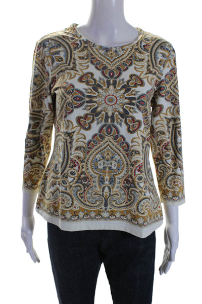 J. Mclaughlin Womens Abstract Print Round Neck Long Sleeve Blouse Beige Size L