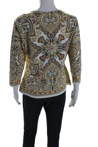 J. Mclaughlin Womens Abstract Print Round Neck Long Sleeve Blouse Beige Size L