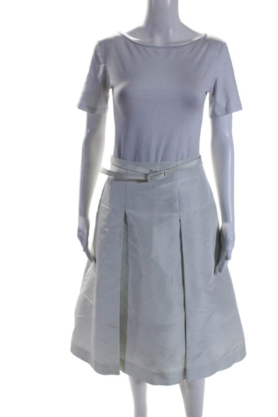 Bill Blass Womens Zipped Pleated A-Line Midi Belted Slip-On Skirt White Size 8