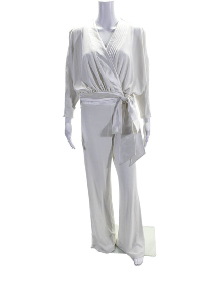 Zhivago Womens Long Sleeves V Neck Belted Wide Leg Jumpsuit White Size Large