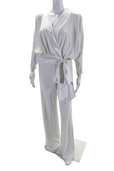 Zhivago Womens Long Sleeves V Neck Belted Wide Leg Jumpsuit White Size Large