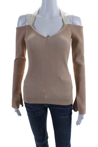 Ronny Kobo Womens Ribbed V Neck Long Sleeves Sweater Beige Cotton Size Medium