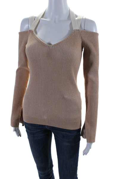 Ronny Kobo Womens Ribbed V Neck Long Sleeves Sweater Beige Cotton Size Medium