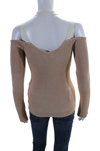 Ronny Kobo Womens Ribbed V Neck Long Sleeves Sweater Beige Cotton Size Medium