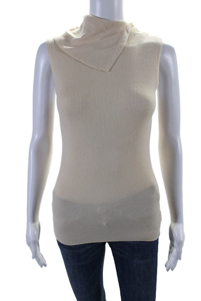 Theory Womens Merino Wool Ribbed Collared Buttoned Sleeveless Top Beige Size S