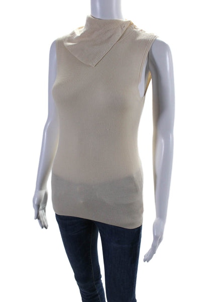 Theory Womens Merino Wool Ribbed Collared Buttoned Sleeveless Top Beige Size S