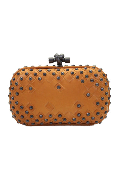 Bottega Veneta Womens Waxy Nappa Intrecciato Studded Knot Clutch Handbag Brown