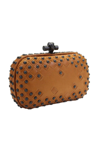 Bottega Veneta Womens Waxy Nappa Intrecciato Studded Knot Clutch Handbag Brown