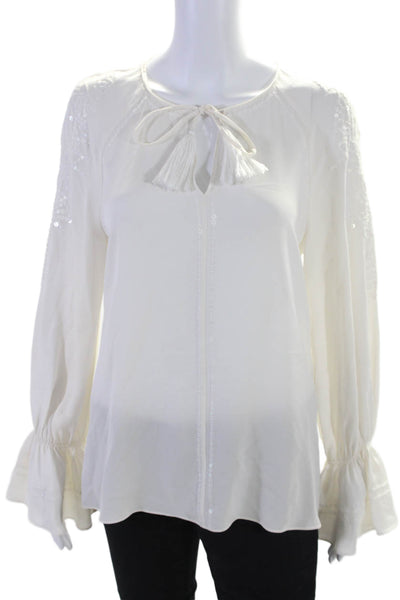 Kobi Halperin Womens Silk Flounce Sleeve Sequined V-Neck Blouse White Size S