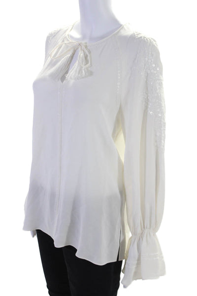 Kobi Halperin Womens Silk Flounce Sleeve Sequined V-Neck Blouse White Size S